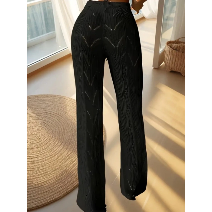 Kadın Yüksek Bel Bağcıklı Desenli Triko Plaj Pantolon