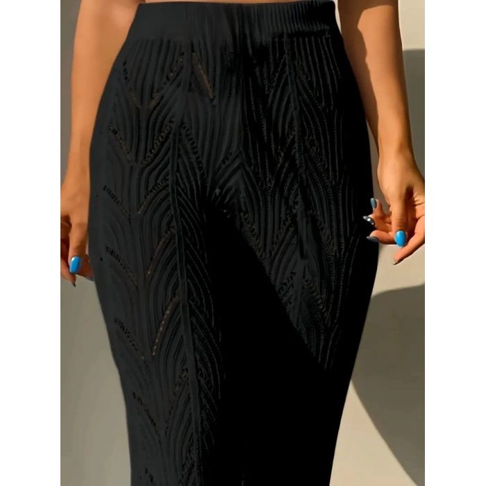 Kadın Yüksek Bel Bağcıklı Desenli Triko Plaj Pantolon