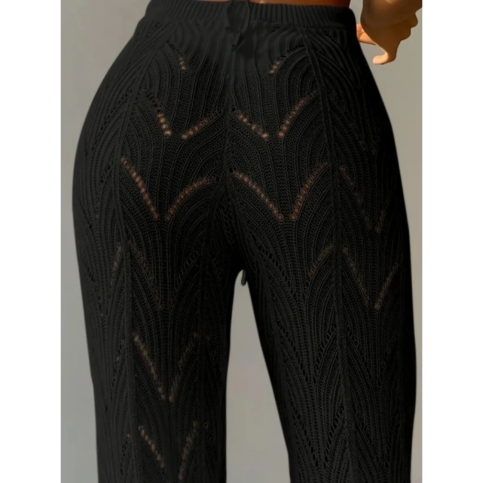 Kadın Yüksek Bel Bağcıklı Desenli Triko Plaj Pantolon