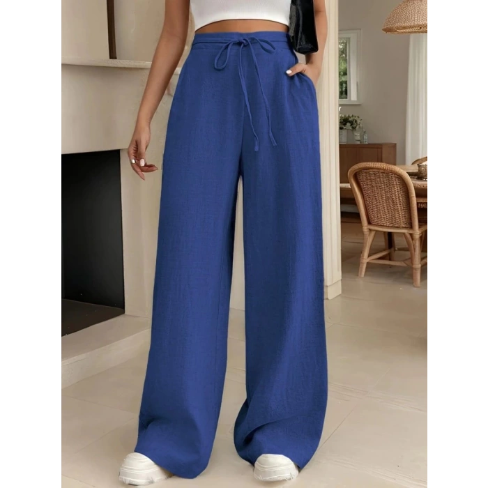 Kadın Yüksek Bel Bağcıklı Geniş Paçalı Uzun Bürümcük Pantolon