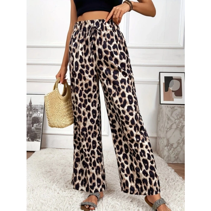 Kadın Yüksek Bel Beli Lastikli Bağcıklı Leopar Desenli Süprem Pantolon