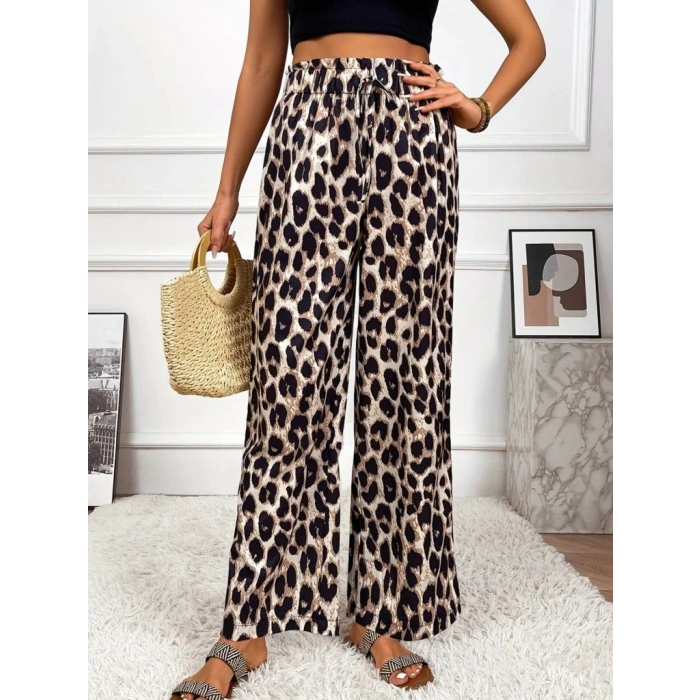 Kadın Yüksek Bel Beli Lastikli Bağcıklı Leopar Desenli Süprem Pantolon