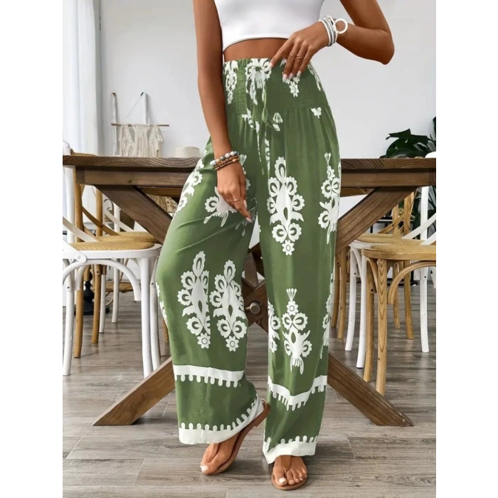 Kadın Yüksek Bel Büzgülü Etnik Desen Baskılı Süprem Pantolon