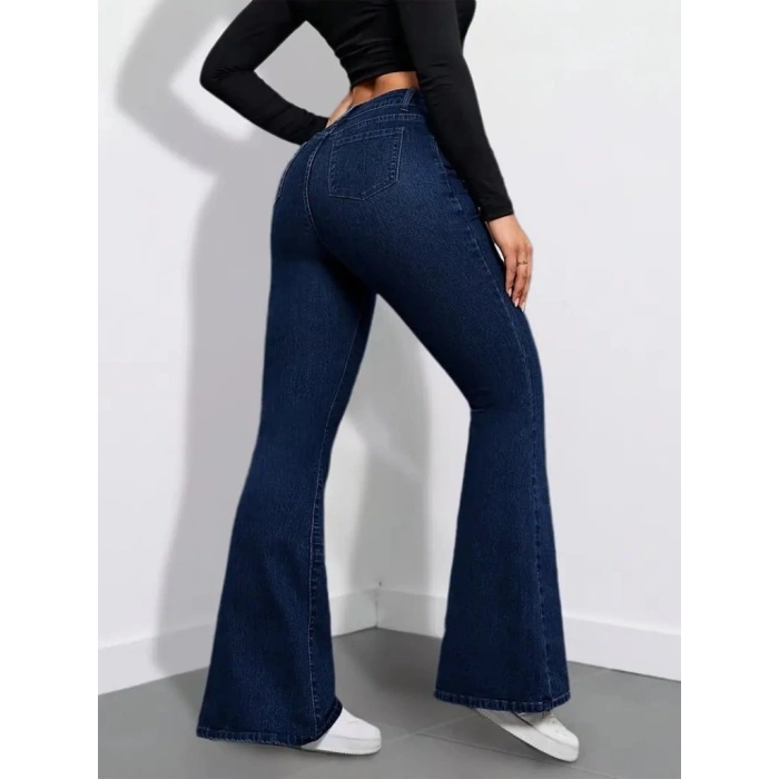 Kadın Yüksek Bel Cepli İspanyol Paçalı Kot Pantolon