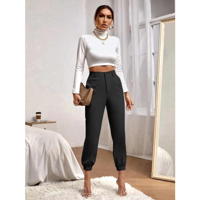Kadın Yüksek Bel Cepli Paçası Lastikli Ithal Krep Pantolon