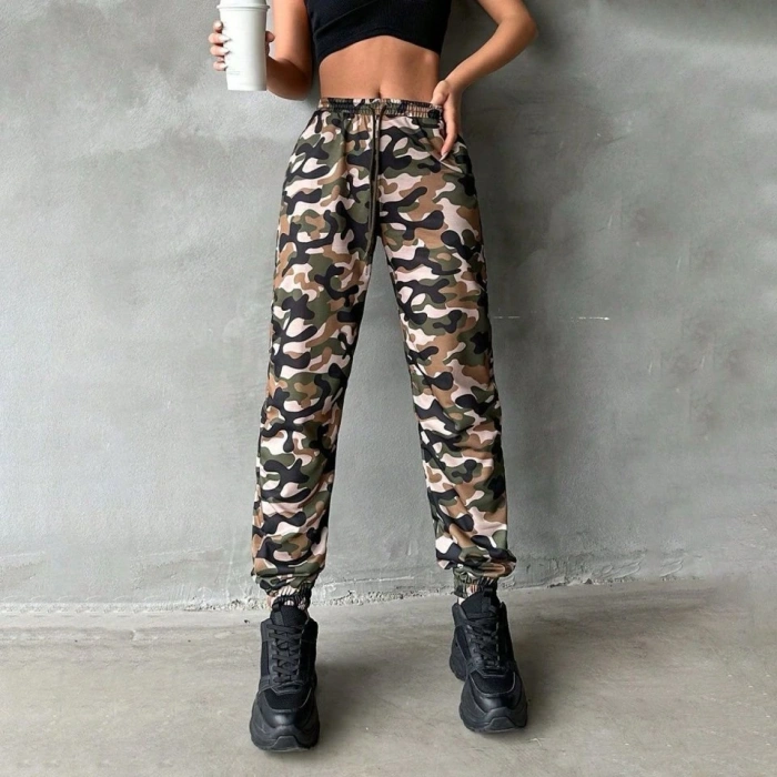 Kadın Yüksek Bel Kamuflaj Baskılı Bileği Lastik Detay İki İplik Pantolon