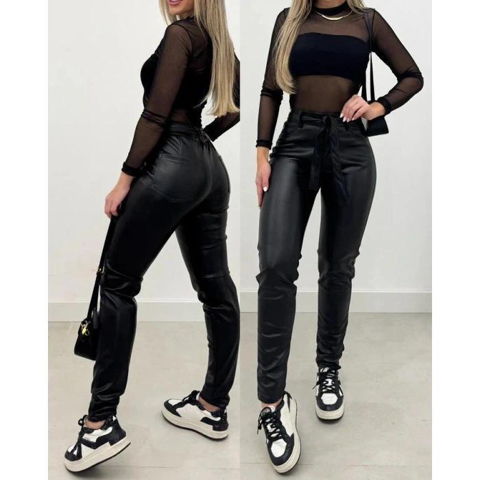 Kadın Yüksek Bel Kuşaklı Deri Pantolon