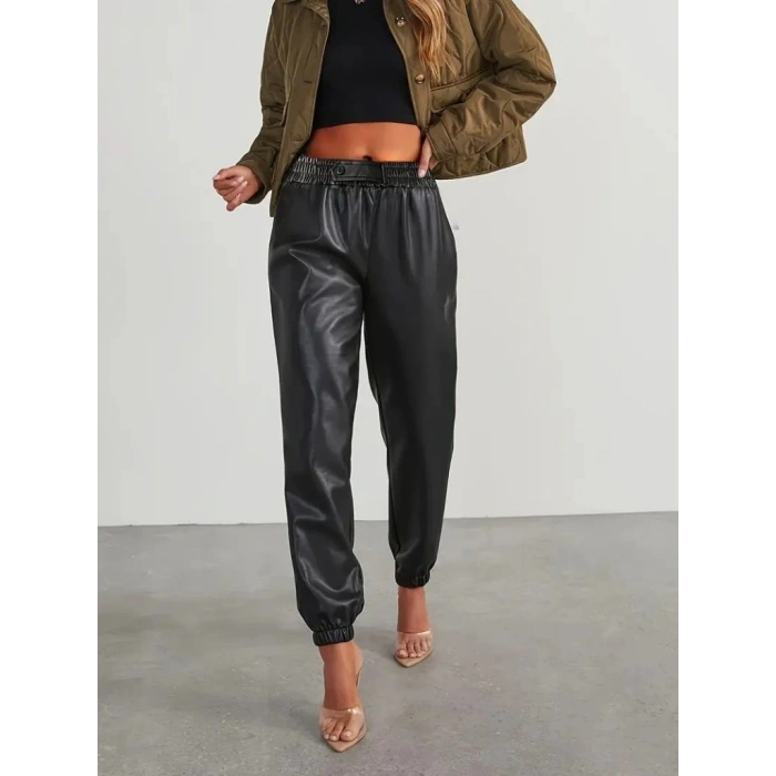 Kadın Yüksek Bel Lastikli önü Düğmeli Deri Pantolon