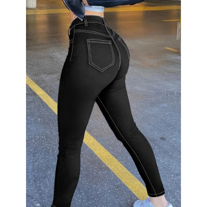 Kadın Yüksek Bel önden Düğmeli Dar Kesim Kot Pantolon