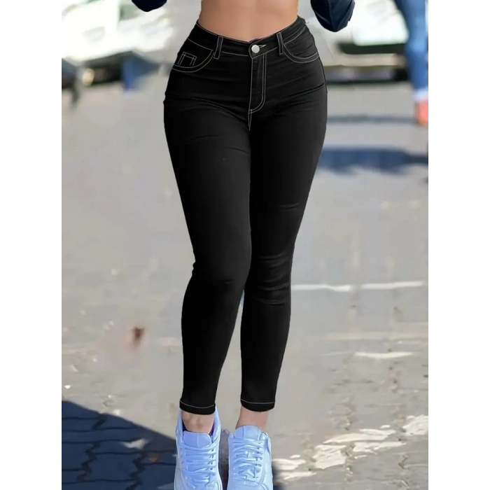 Kadın Yüksek Bel önden Düğmeli Dar Kesim Kot Pantolon