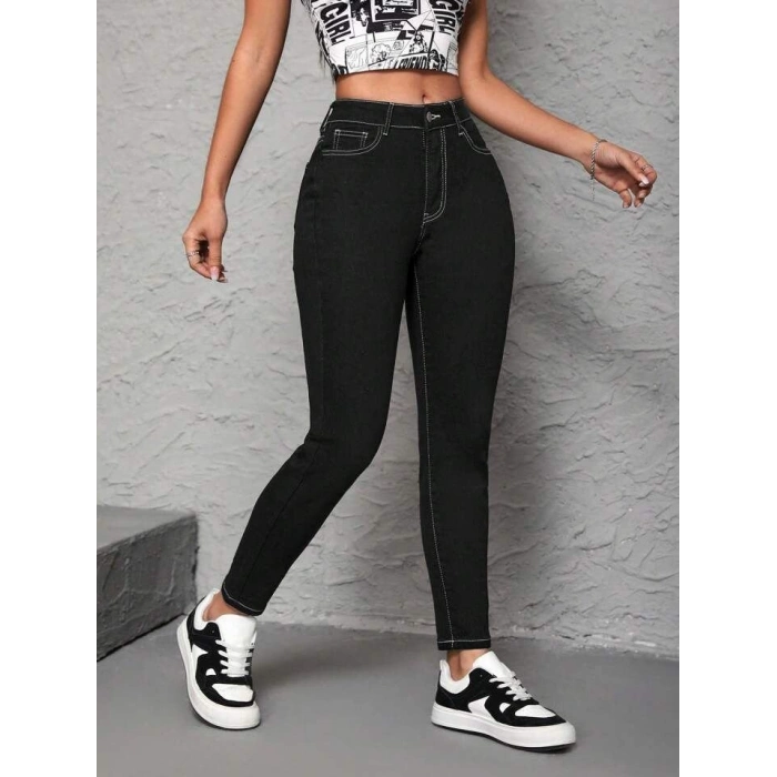 Kadın Yüksek Bel önden Düğmeli Dar Kesim Kot Pantolon