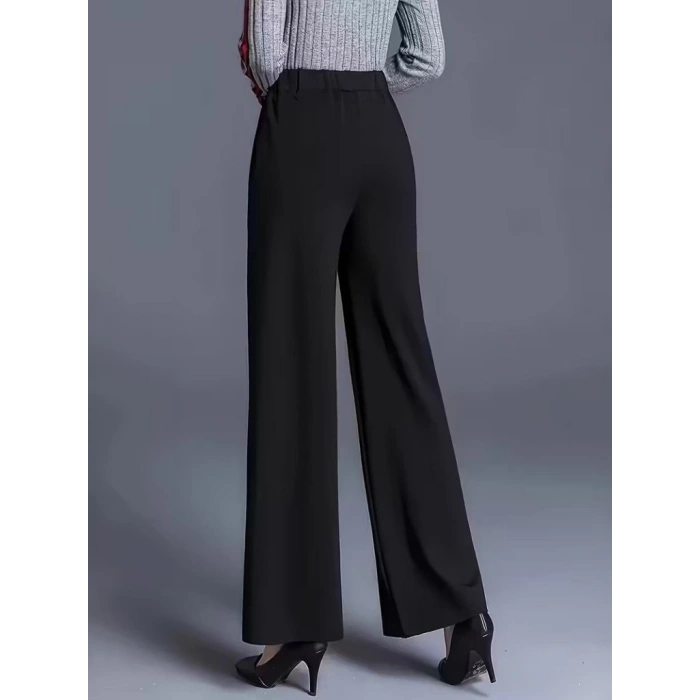 Kadın Yüksek Bel önü Nervürlü Paçaya Doğru Geniş Ithal Krep Pantolon