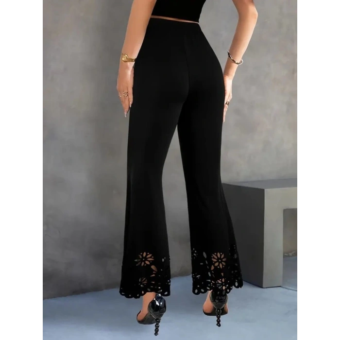 Kadın Yüksek Bel Paçaya Doğru Genişleyen Lazer çiçek Kesim Detaylı Ithal Krep Pantolon