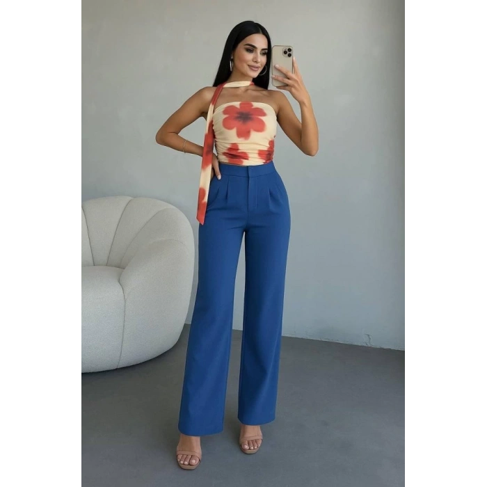 Kadın Yüksek Bel Plise Detay Bol Paça Pantolon