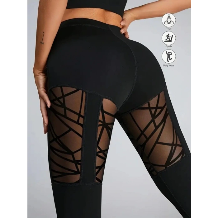 Kadın Yüksek Bel Tül Detaylı Spor Tayt