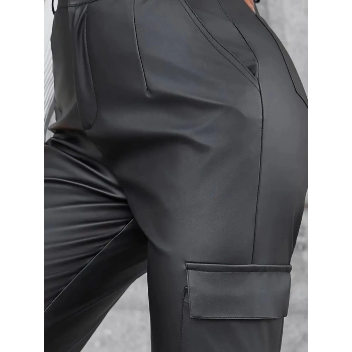 Kadın Yüksek Bel Yan Kargo Cep Detaylı Deri Pantolon