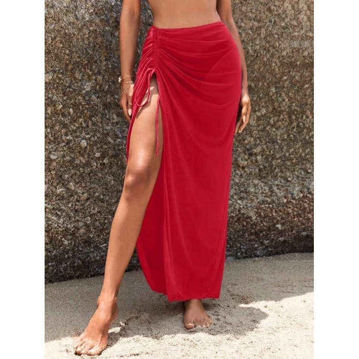 Kadın Yüksek Bel Yandan Büzgülü Uzun Tül Detaylı Pareo