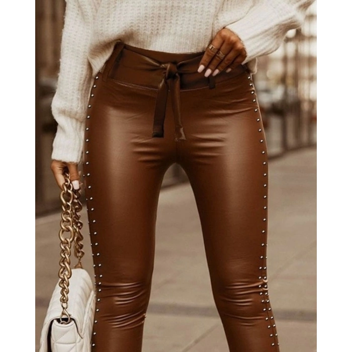 Kadın Yüksek Bel Yanlardan Incili Yırtmaçlı Uzun Deri Tayt