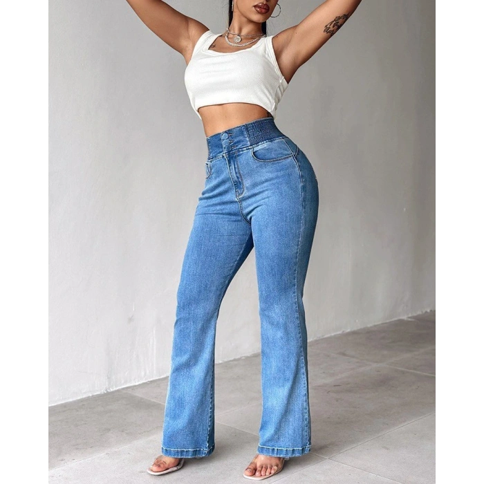 Kadın Yüksek Bel Yanları Lastik önü Düğmeli Kot Pantolon