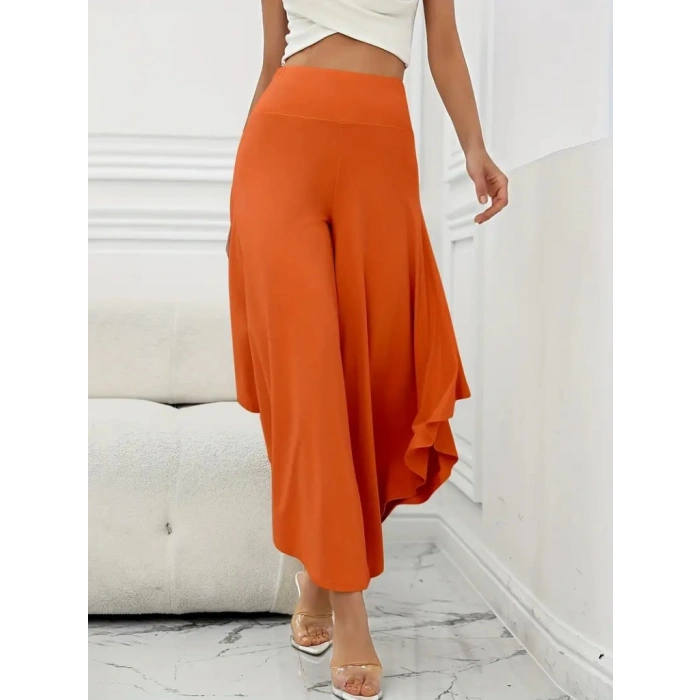 Kadın Yüksek Belli Geniş Paçalı Yanlardan Açık Sandy Pantolon