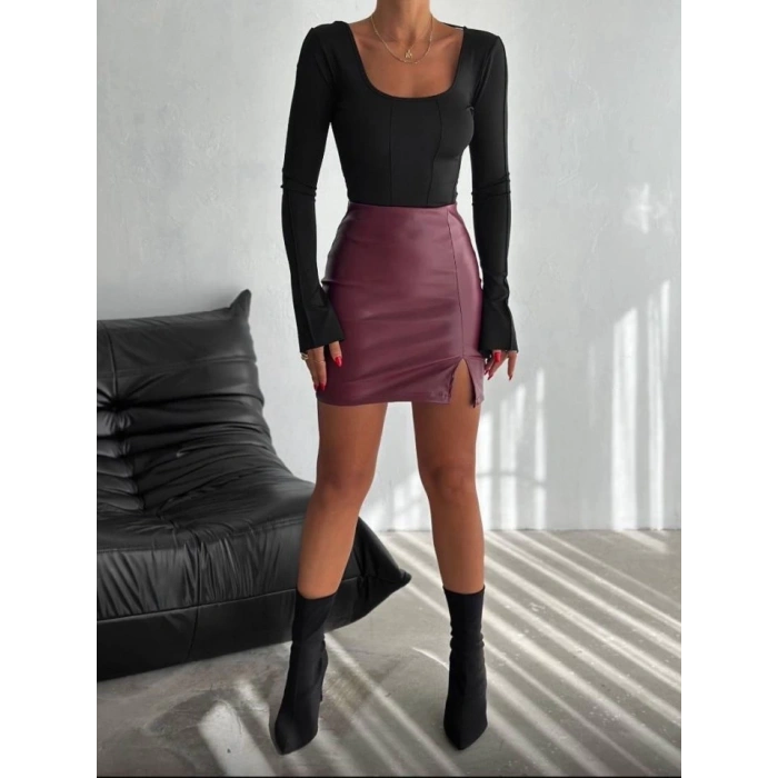 Kadın Yüksel Bel Yırtmaç Detay Mini Deri Etek