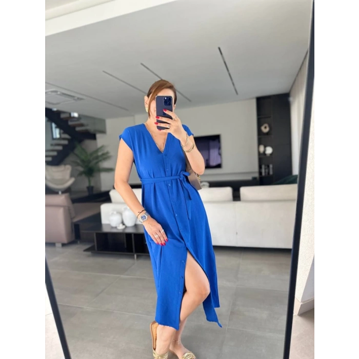 Kadınn V Yaka Düğme Detay Kuşak Dahil Elbise