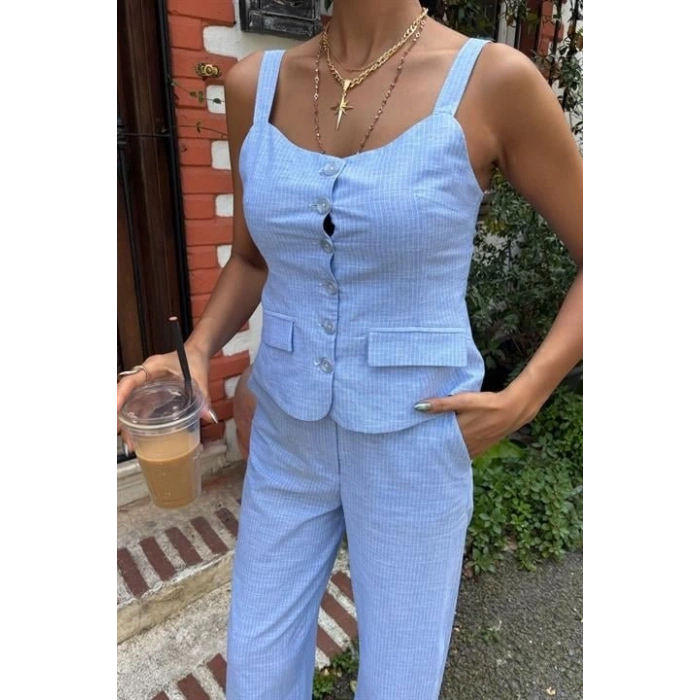 Kalın Askılı Bluz Pantolon Keten Takım 10187