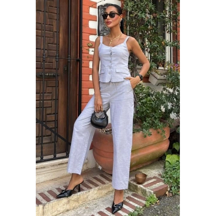 Kalın Askılı Bluz Pantolon Keten Takım 10187