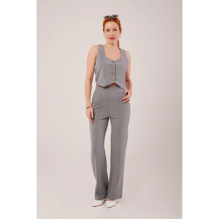 Kalın Askılı Düğmeli Yelek Ve Pantolon Gri Takım