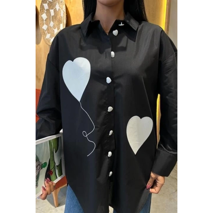 Kalp Nakışlı Ve Düğme Detaylı Oversize Gömlek 3430