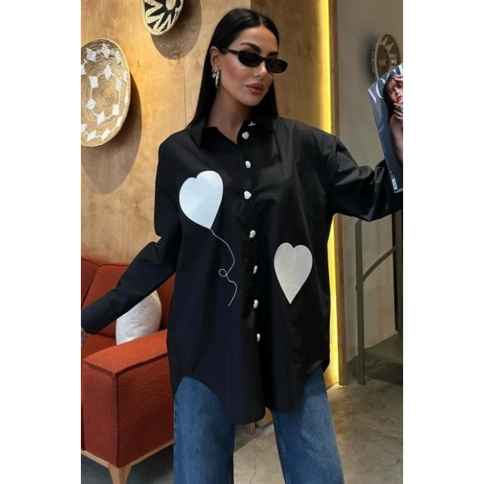 Kalp Nakışlı Ve Düğme Detaylı Oversize Gömlek 3430