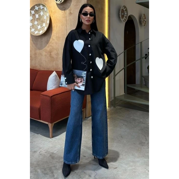 Kalp Nakışlı Ve Düğme Detaylı Oversize Gömlek 3430
