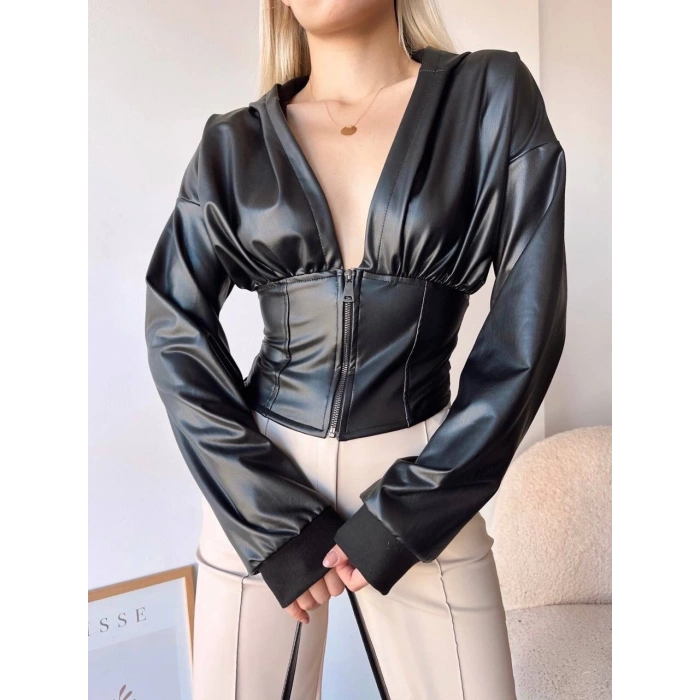 Kapşonlu yarım fermuarlı ceket siyah h24116