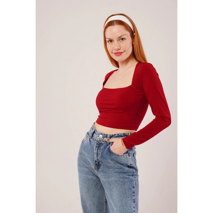 Kare Yaka Basic Bordo Bluz