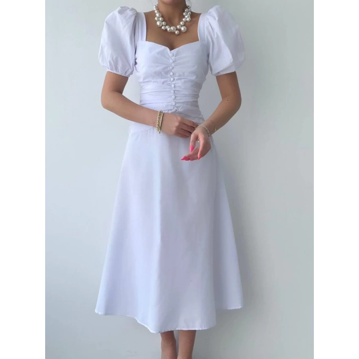 Kare Yaka Düğmeli Elbise