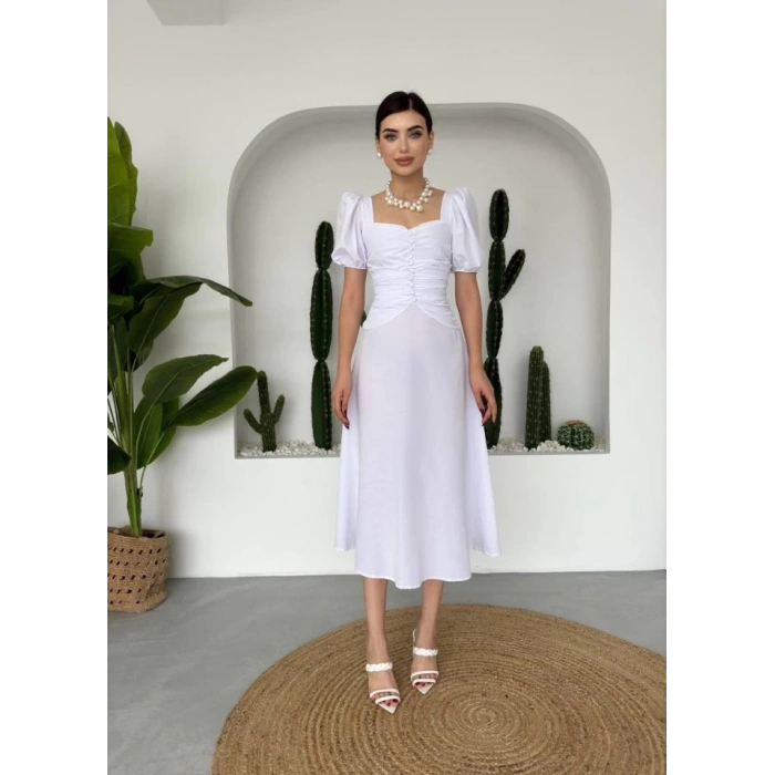 Kare Yaka Düğmeli Elbise