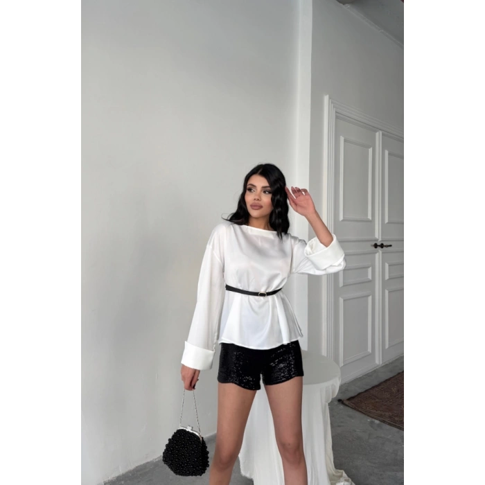 KEMER DETAYLI SATEN BLUZ - Beyaz