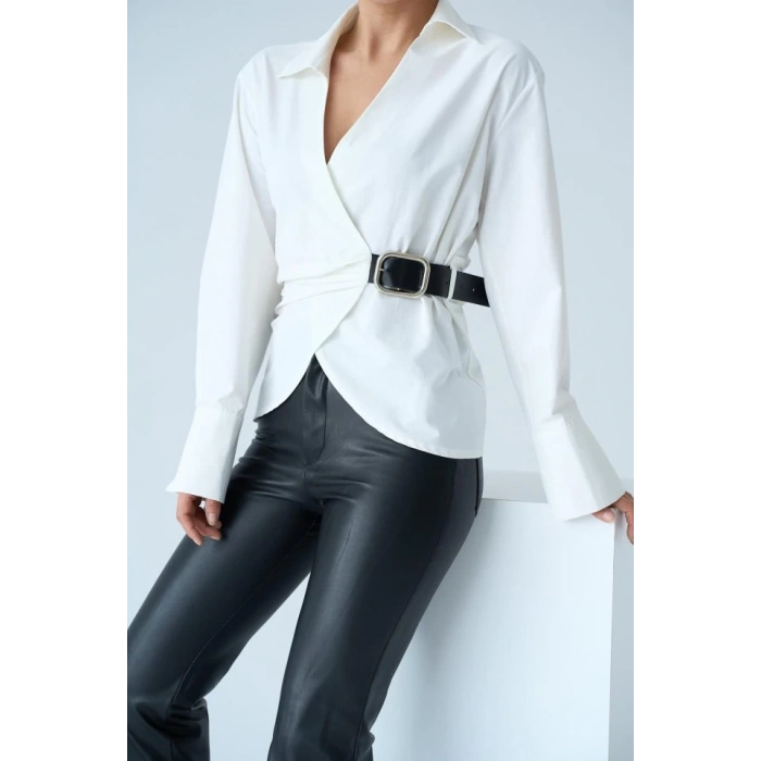 Kemerli Gömlek - Ekru