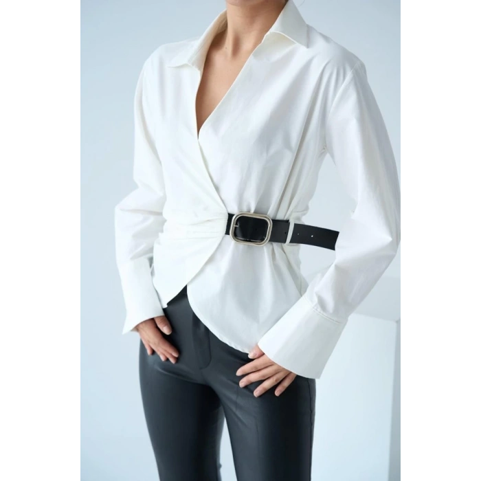 Kemerli Gömlek - Ekru