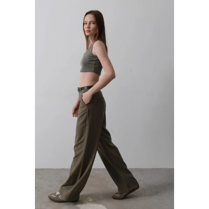 Kemerli Palazzo Pantolon - Haki-Beyaz