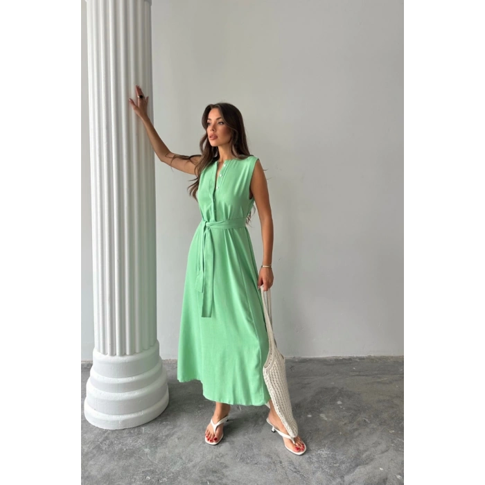 KETEN ELBİSE KOLSUZ BEL BAĞLAMALI MAXİ ELBİSE - Yeşil