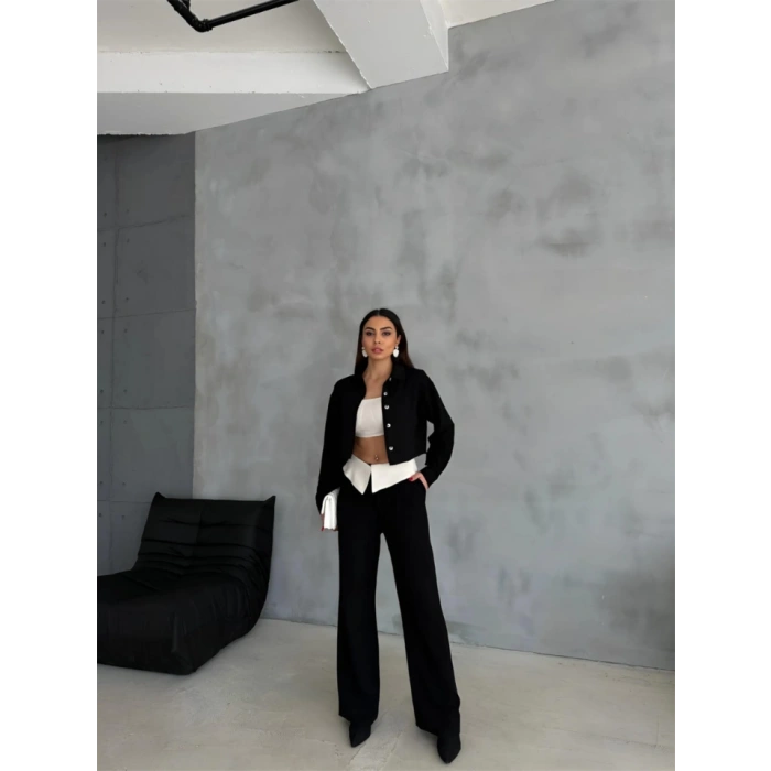 KETEN GÖMLEK-CROP-SALAŞ PANTOLON TAKIM - Siyah