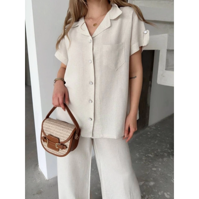 Keten Kısa Kollu Cepli Gömlek Pantolon Ikili Takım - Beyaz