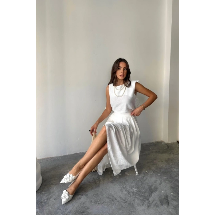KETEN KOLSUZ BLUZ - MAXİ ETEK TAKIM - Beyaz