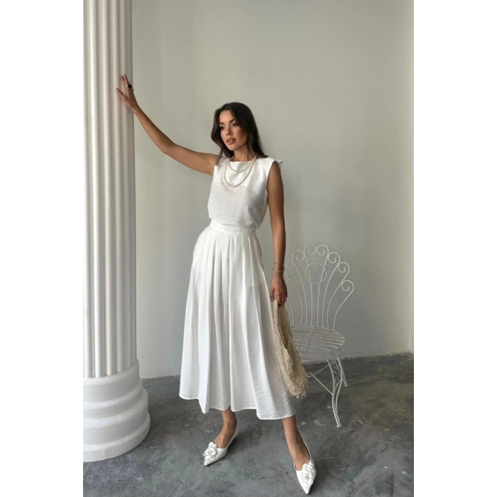 KETEN KOLSUZ BLUZ - MAXİ ETEK TAKIM - Beyaz