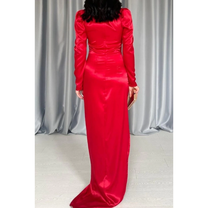 Kırmızı Göğsü Kuplu Yırtmaçlı Elbise