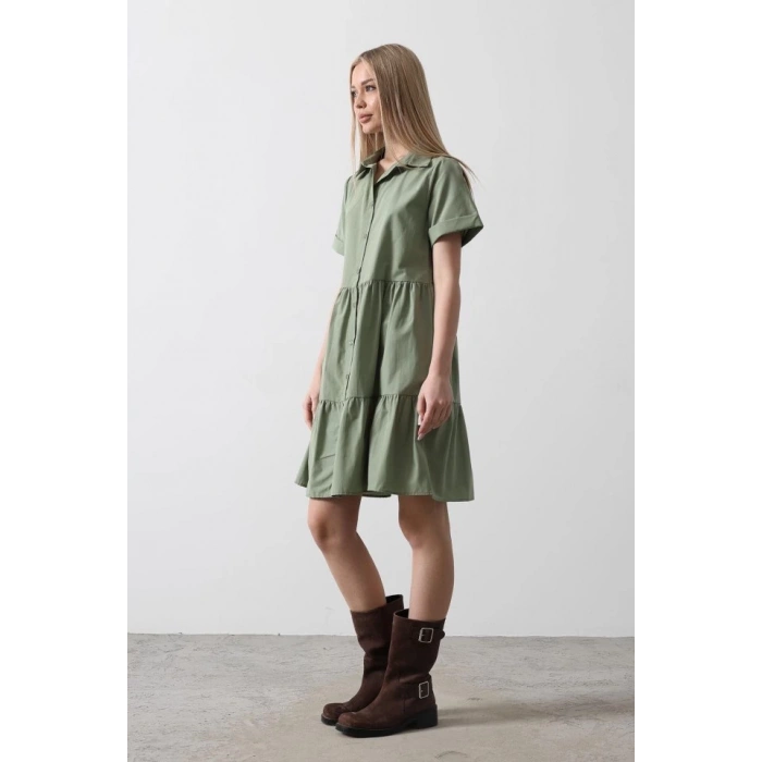 Kısa Kol Düğmeli Elbise - Haki