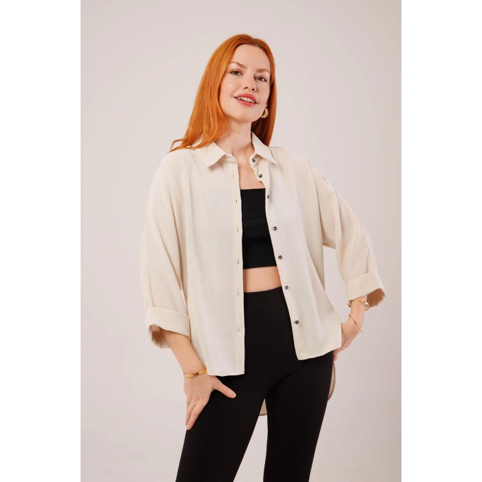 Kol Katlama Detaylı Bej Gömlek