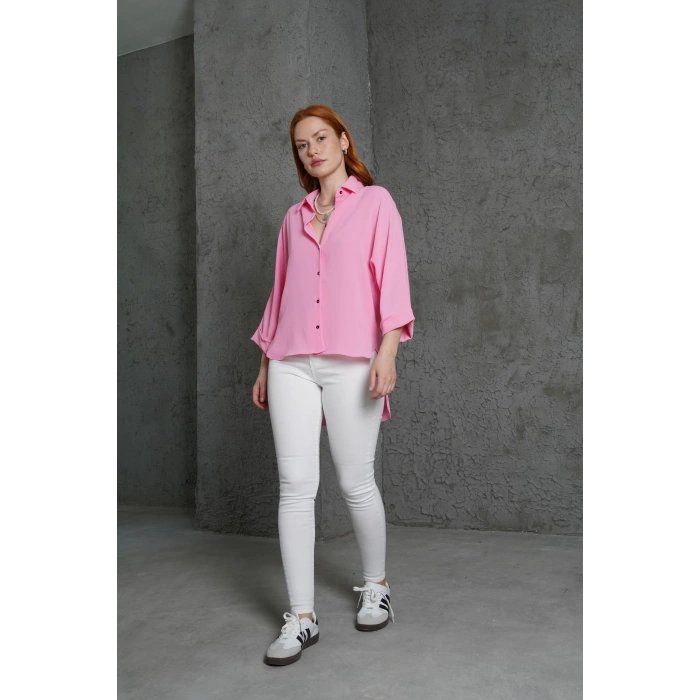 Kol Katlama Detaylı Pembe Gömlek