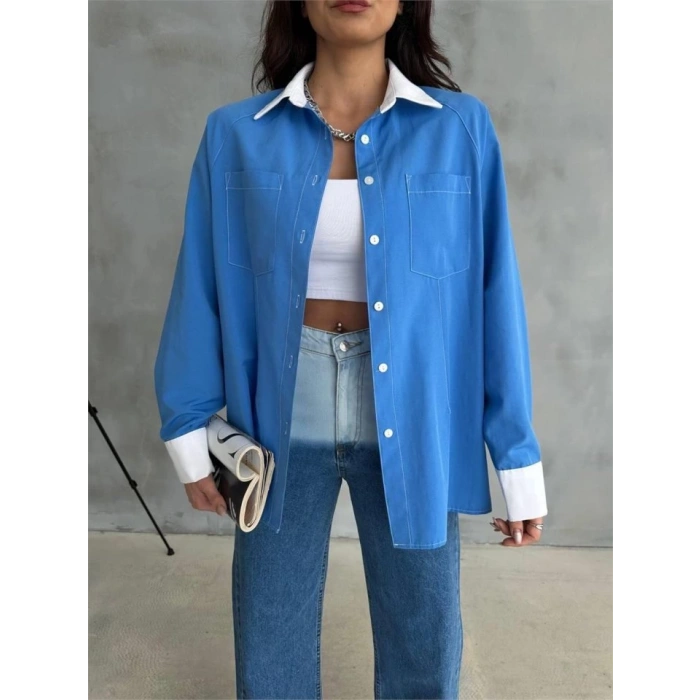 KOL VE MANŞET BEYAZ KAPALI PİLE DETAYLI GÖMLEK - Mavi